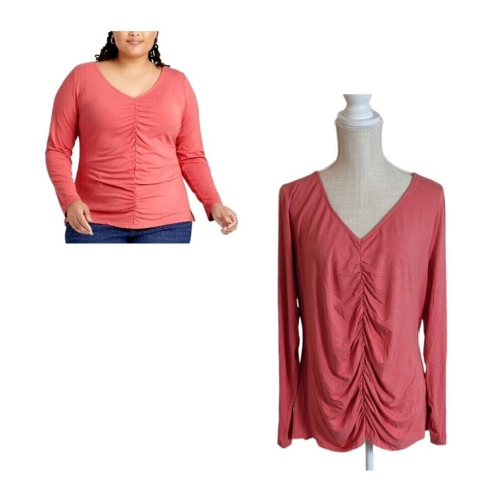 Ava & Viv Coral Orange V Neck Ruched Front Top Plus Size 1X